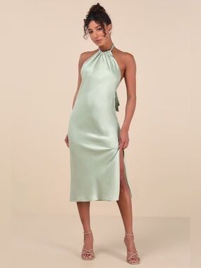 Lulus Angelique Sage Satin Backless Halter Midi Dress - Size XS (Fits S too!)